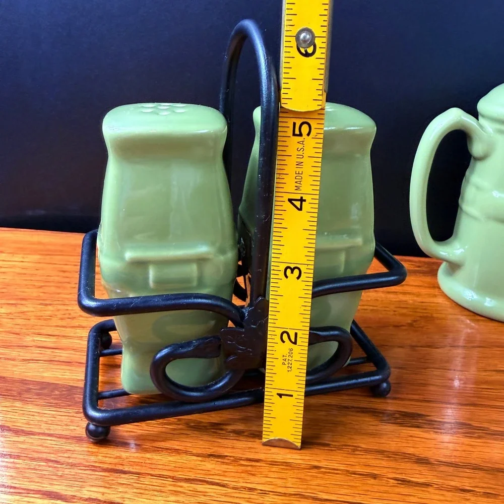 Longaberger Salt Pepper Shakers 2 Sets Sage Green Woven Ceramic Iron Caddy